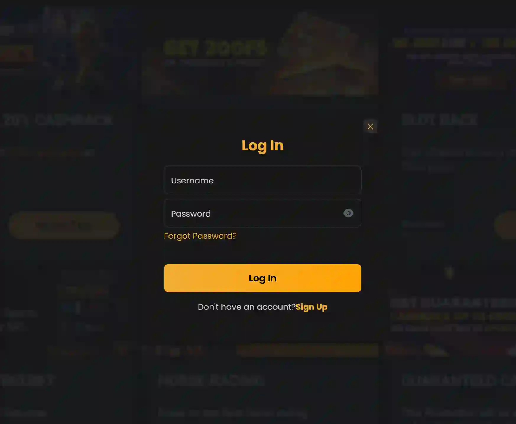 Goldbet Log In ablak a Username, Password mezőkkel és Forgot Password linkkel